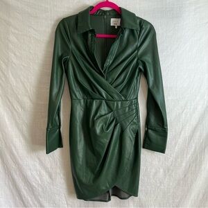 One33 Social Green Faux Leather Mini Shirt Dress Size 2 Faux Wrap Designer NWOT